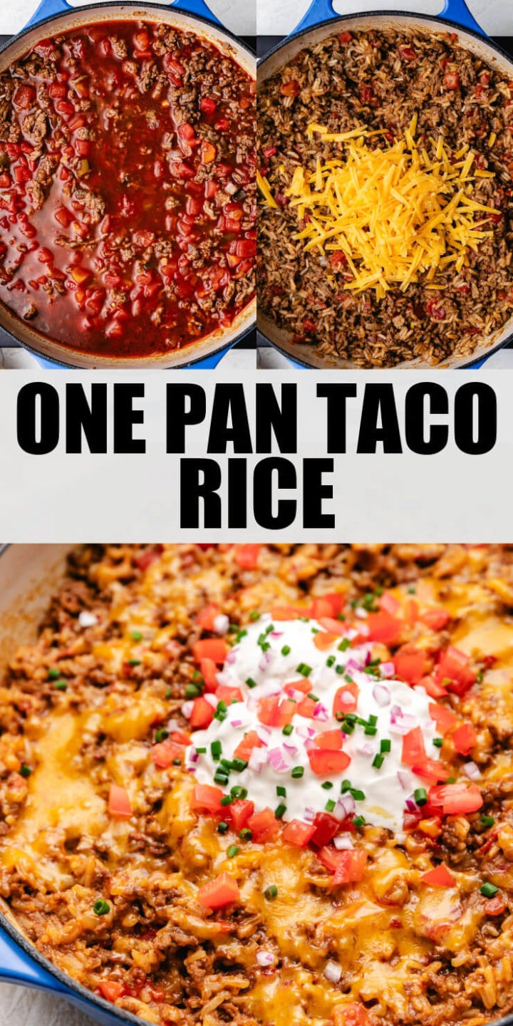 Collage showing various photos of taco rice in a pan.