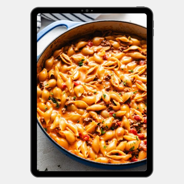 Weekly Meal Plans Photo of cheeseburger pasta on a tablet.