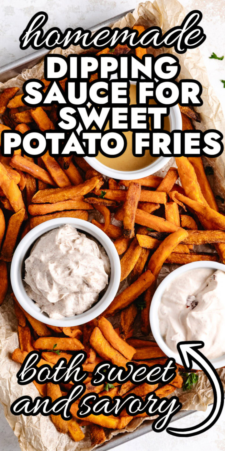 Overhead view of fries and dipping sauce.