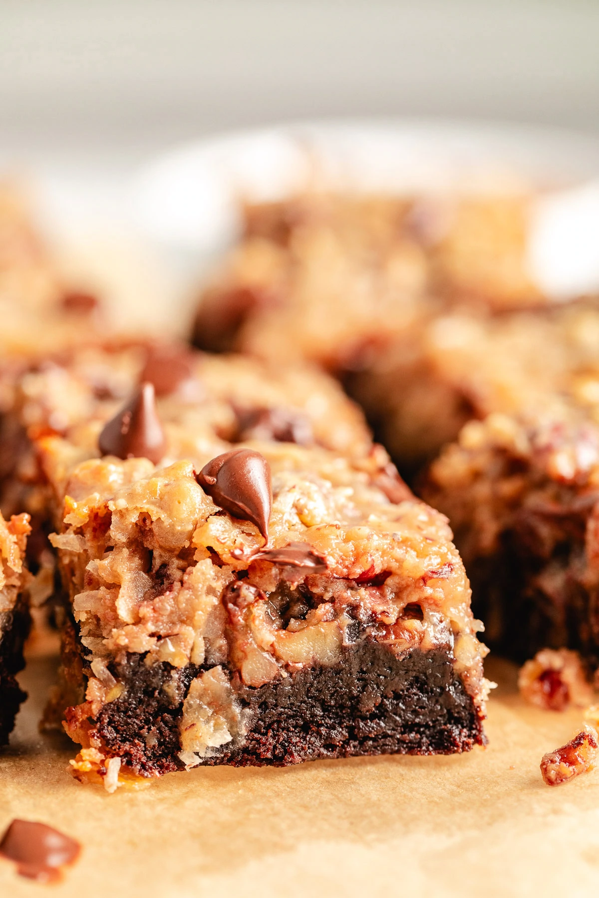 Close up view of german chocolate brownies.