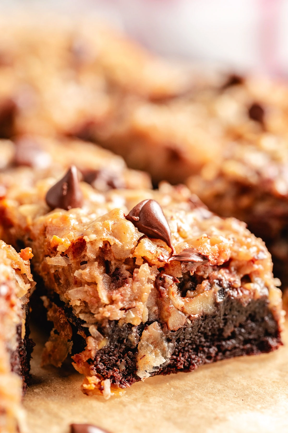 Chocolate chips on german chocolate brownies.