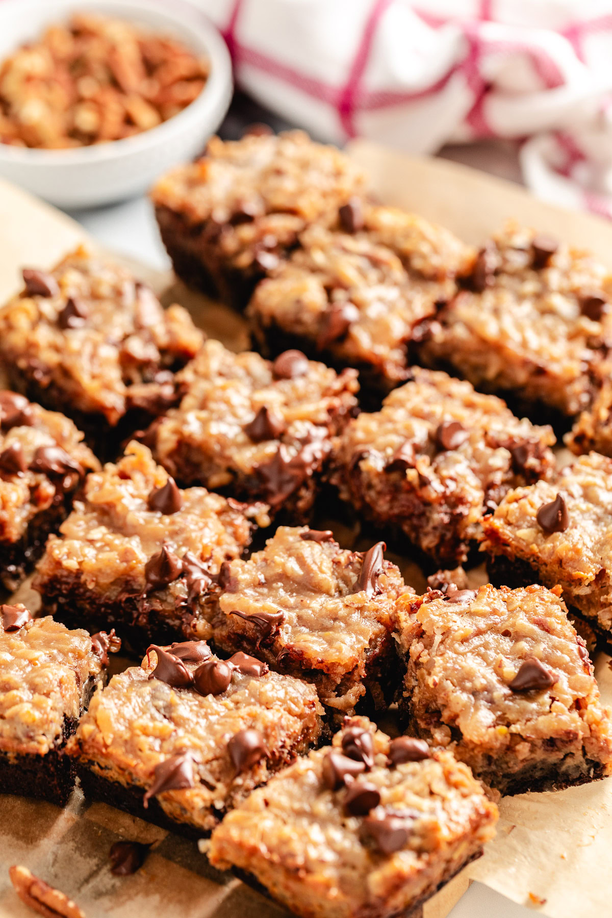 German chocolate brownies on parchment paper.