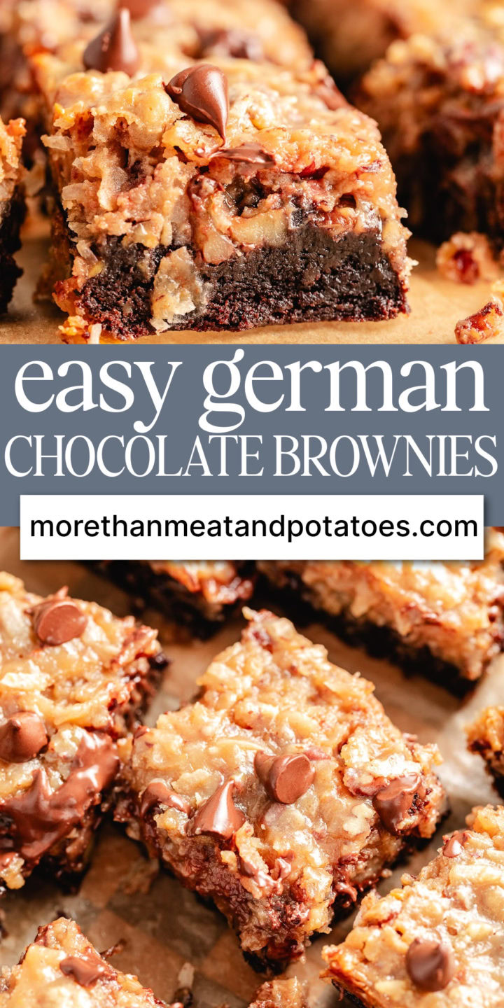 Collage showing two photos of german chocolate brownies.