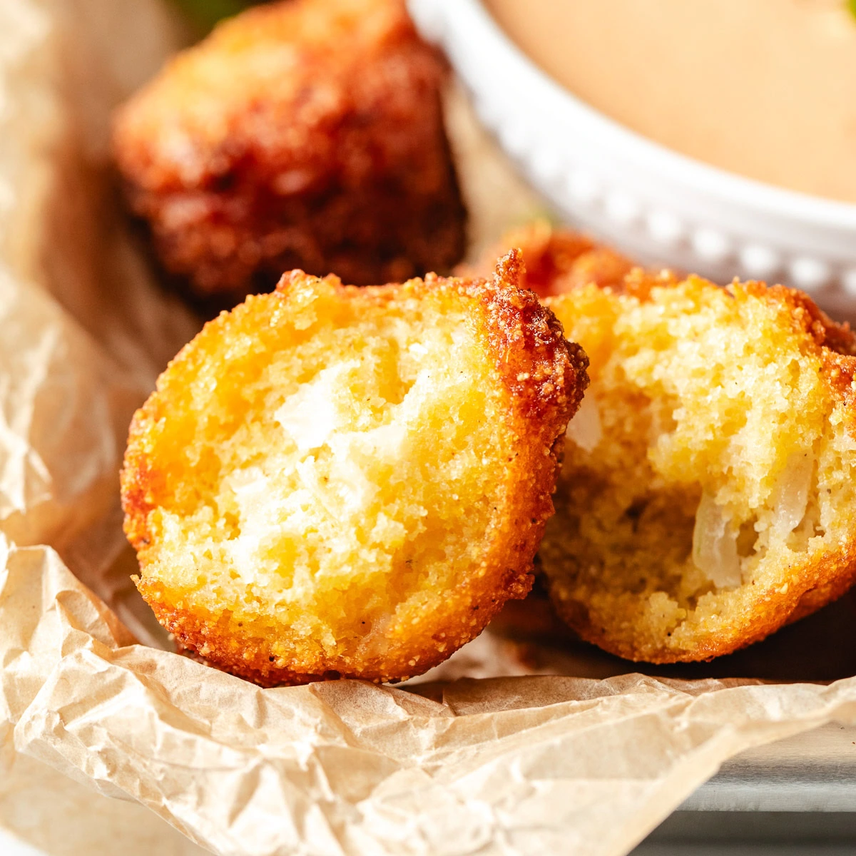 Hush puppy torn in half.