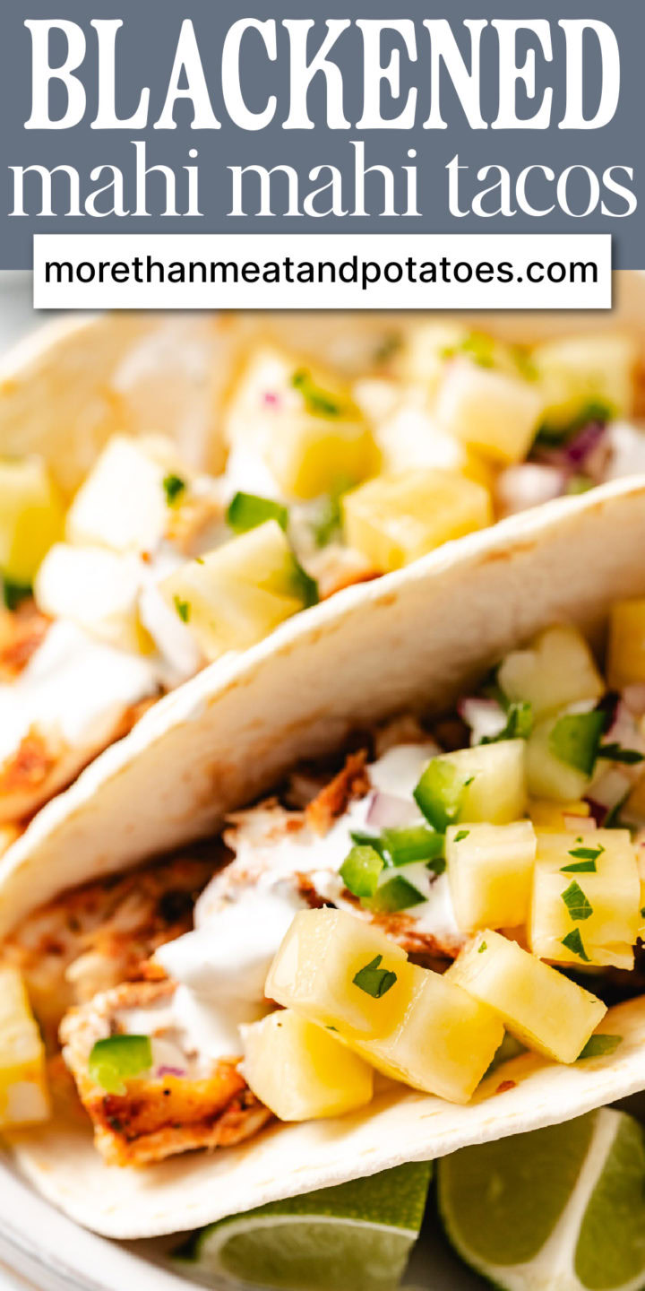 Blackened mahi mahi tacos with salsa.