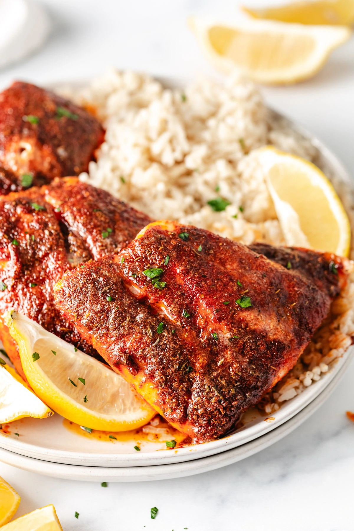 Red snapper on a plate with rice.