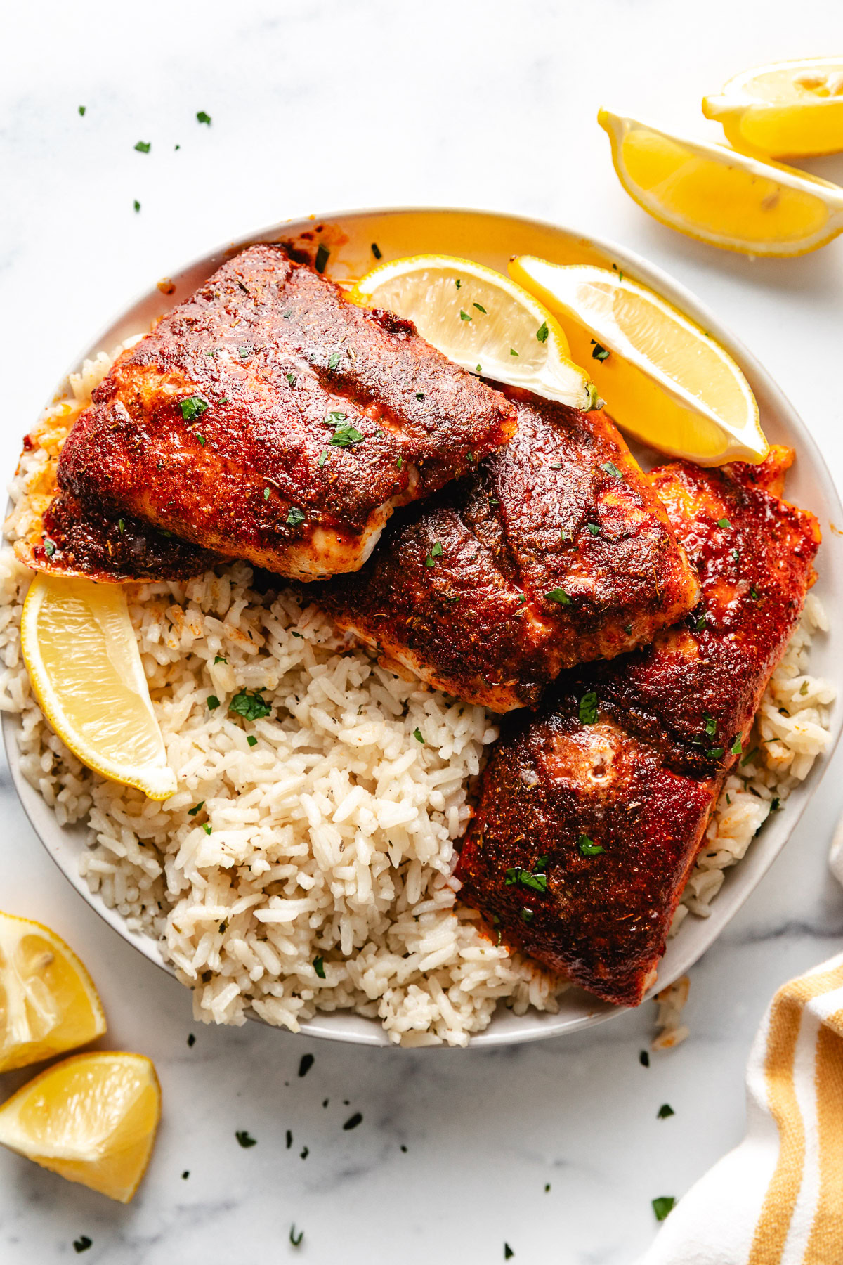 Overhead view of snapper with rice.