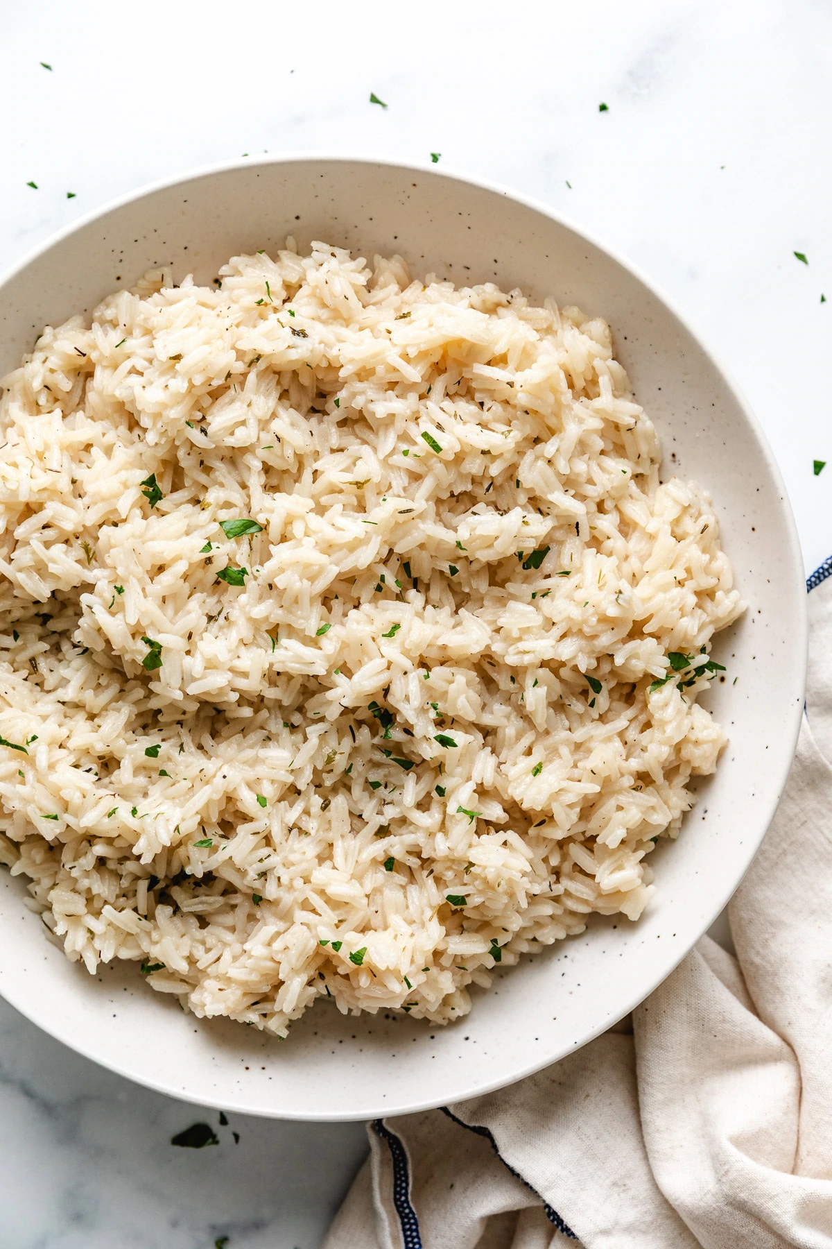 Overhead view of large bowl of rice.