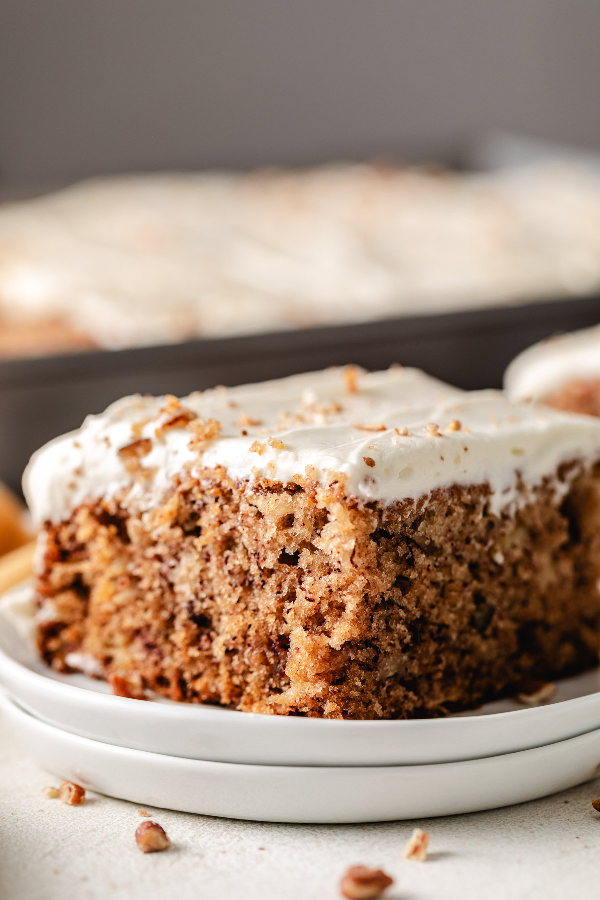 Hummingbird Cake Slice of cake on plates.