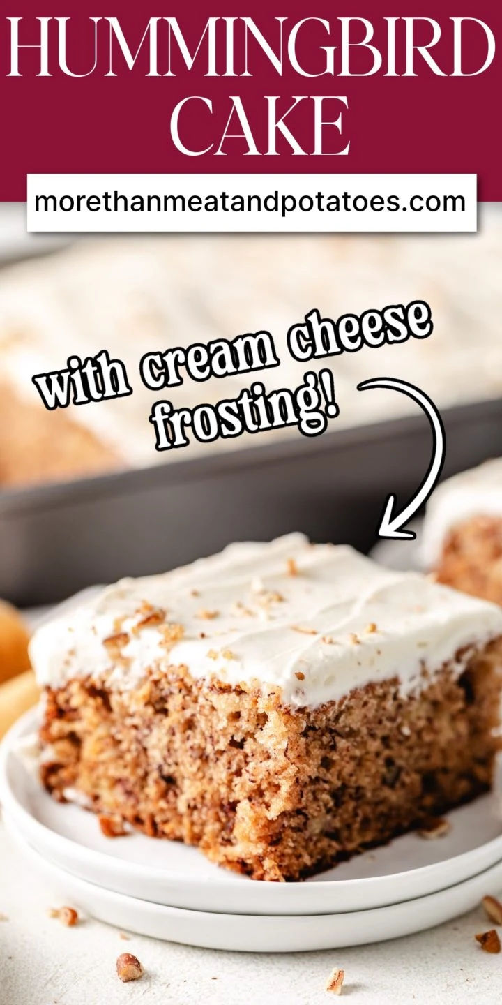 Slice of hummingbird cake in front of a cake pan.