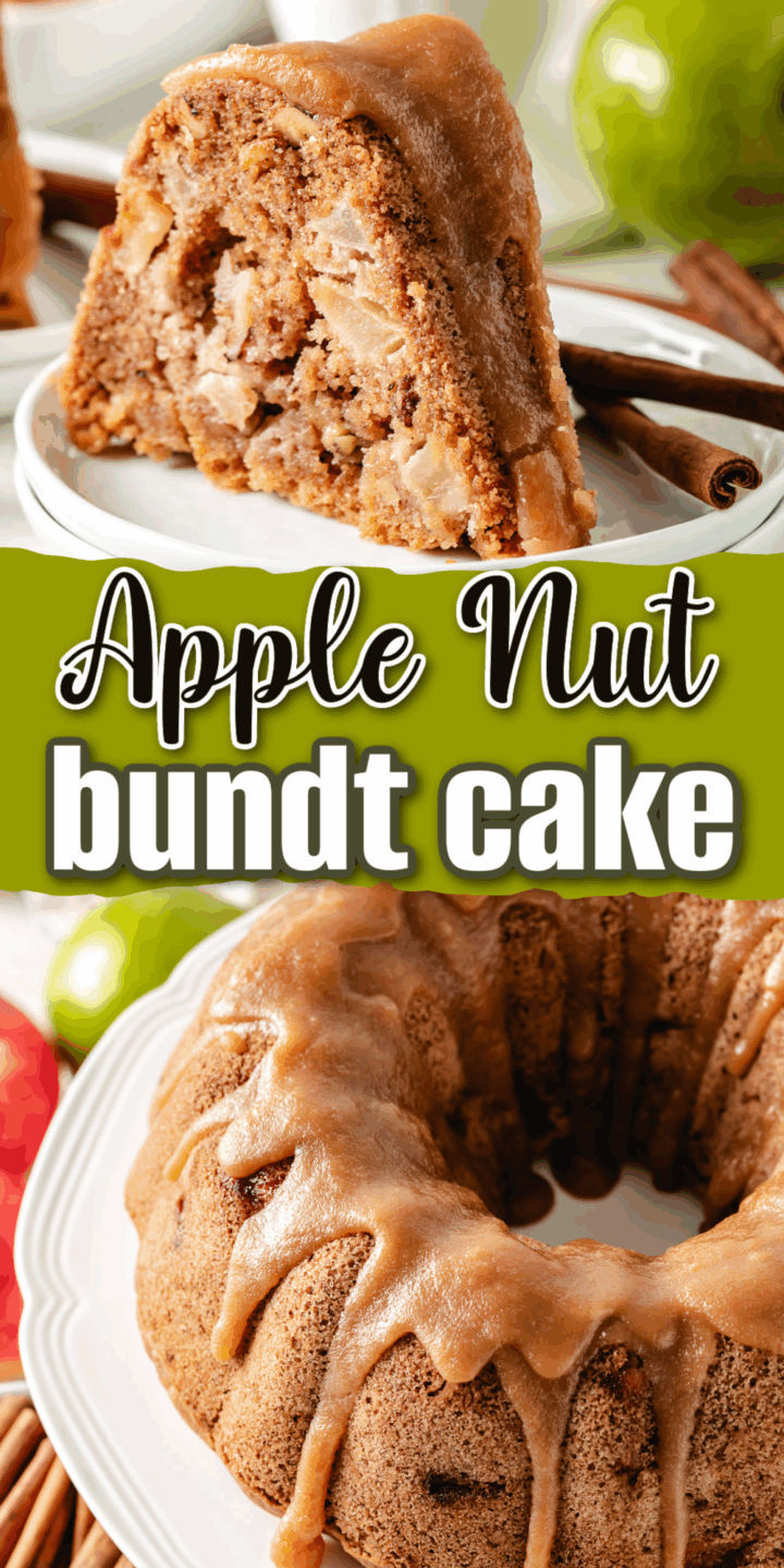 Collage showing two photos of apple nut cake.