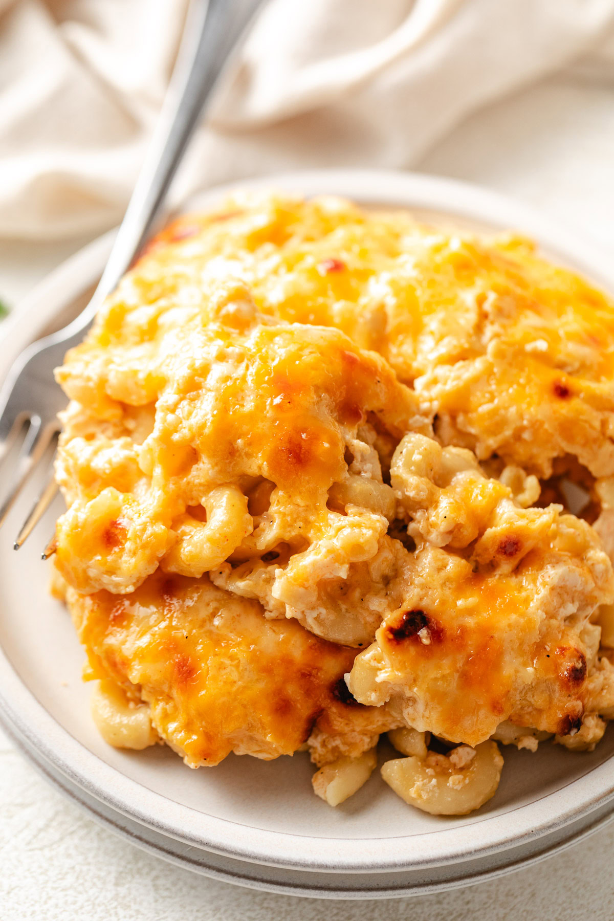 Overhead view of a plate of creamy mac and cheese.