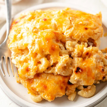 Scoops of macaroni and cheese on a plate.
