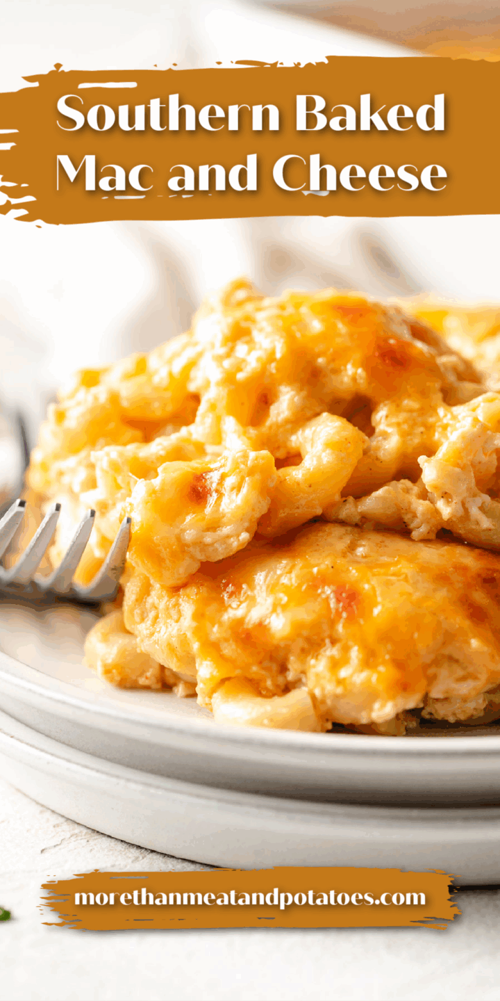 Baked mac and cheese spooned onto a plate.