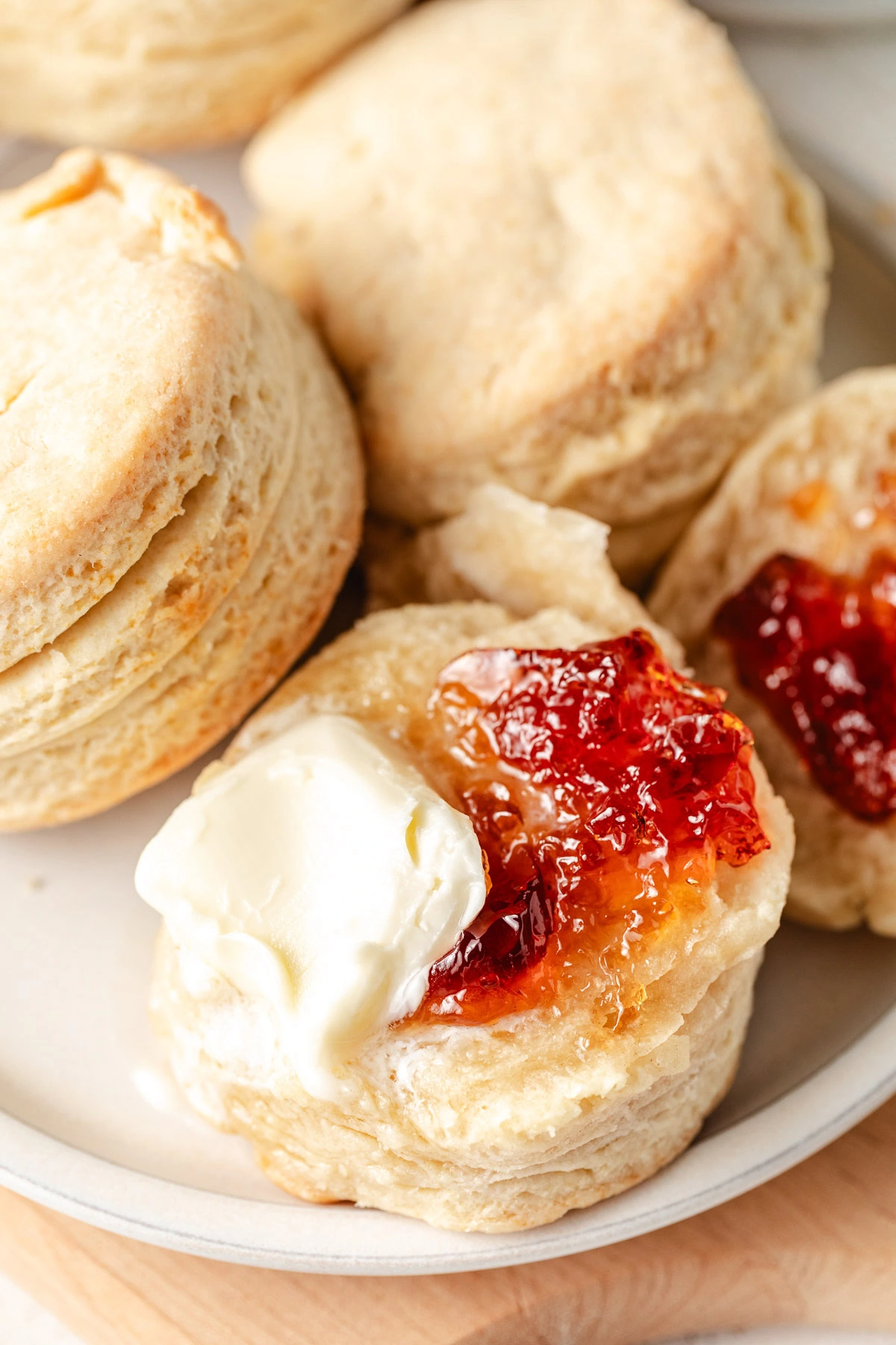 Butter and jelly on a homemade biscuit.