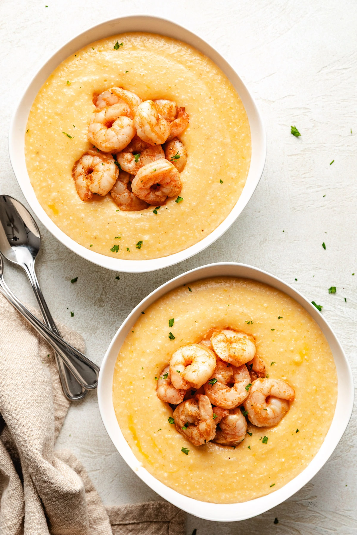 Overhead view of shrimp and grits.