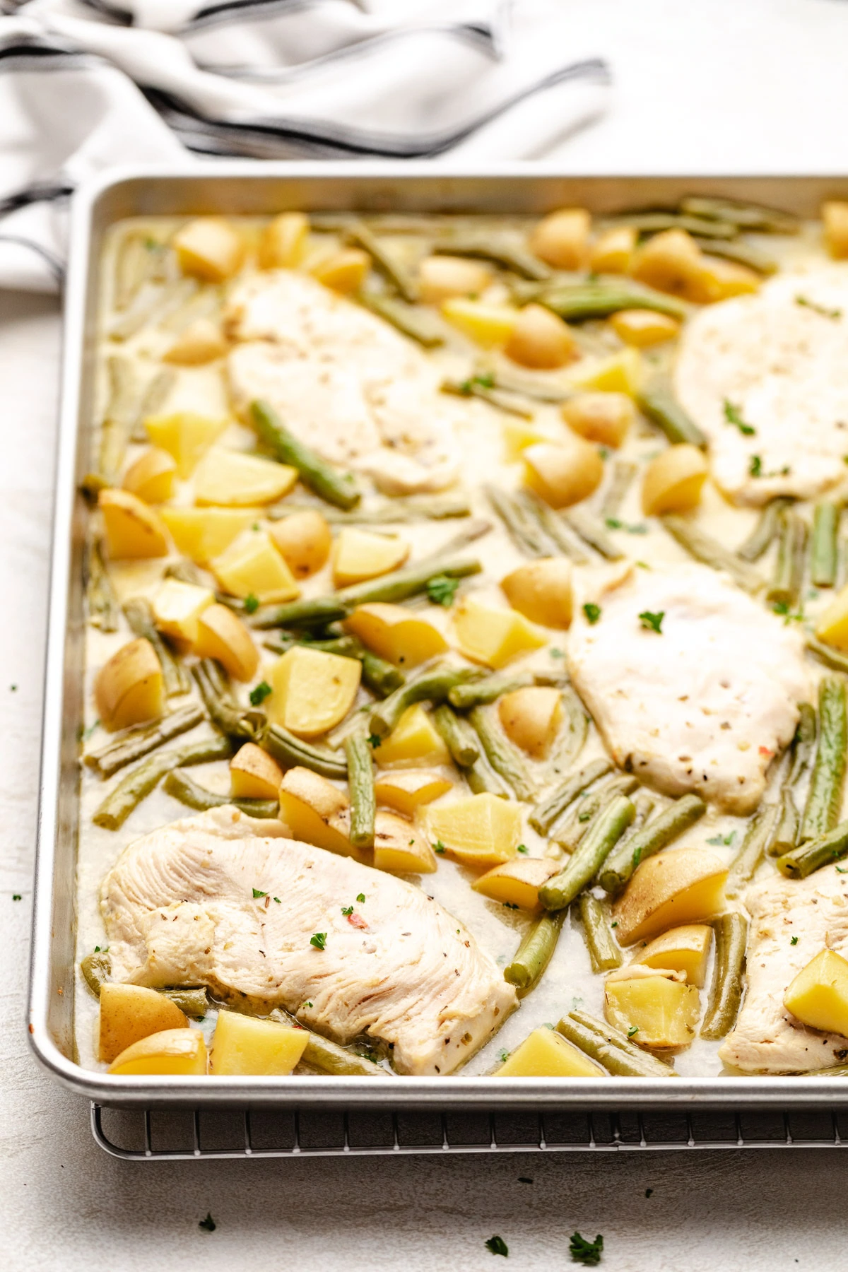 One pan chicken potatoes and green beans.