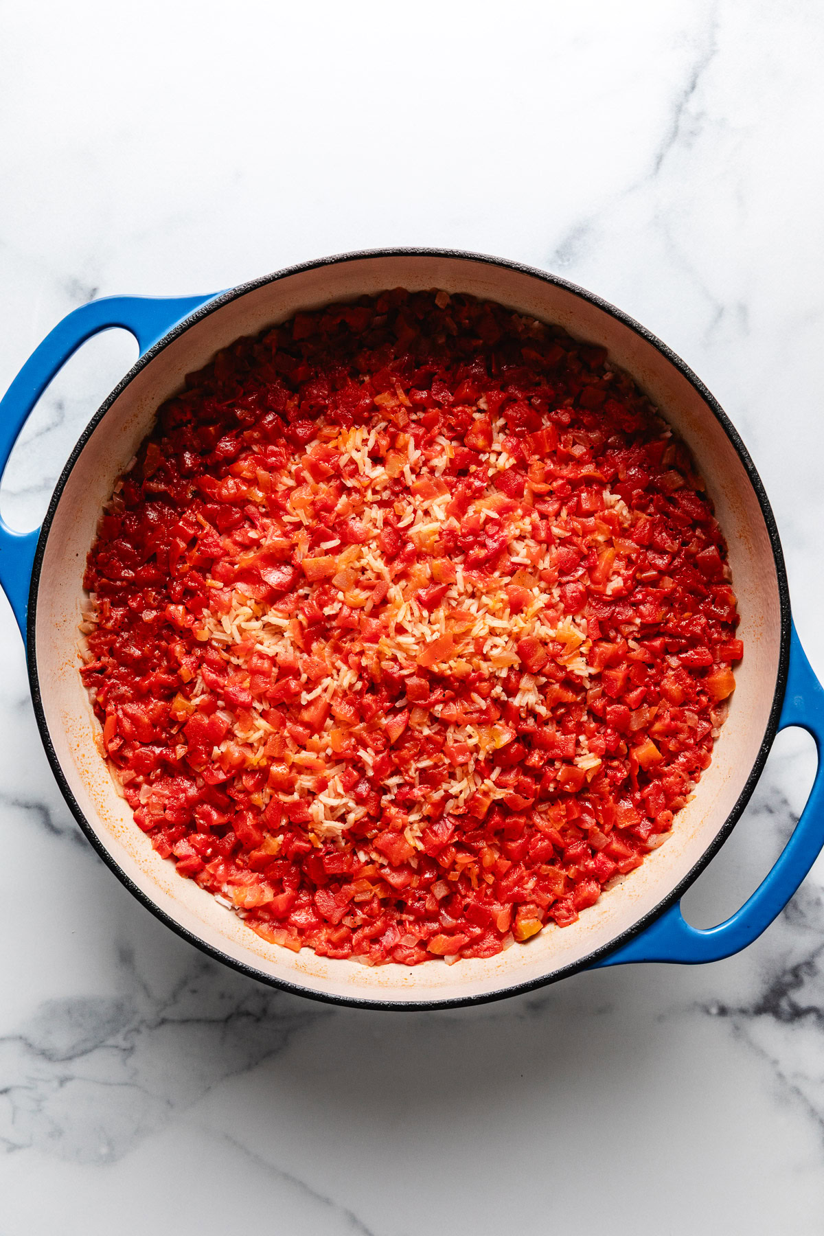 Uncooked rice, tomatoes, broth, and seasonings in a pan.