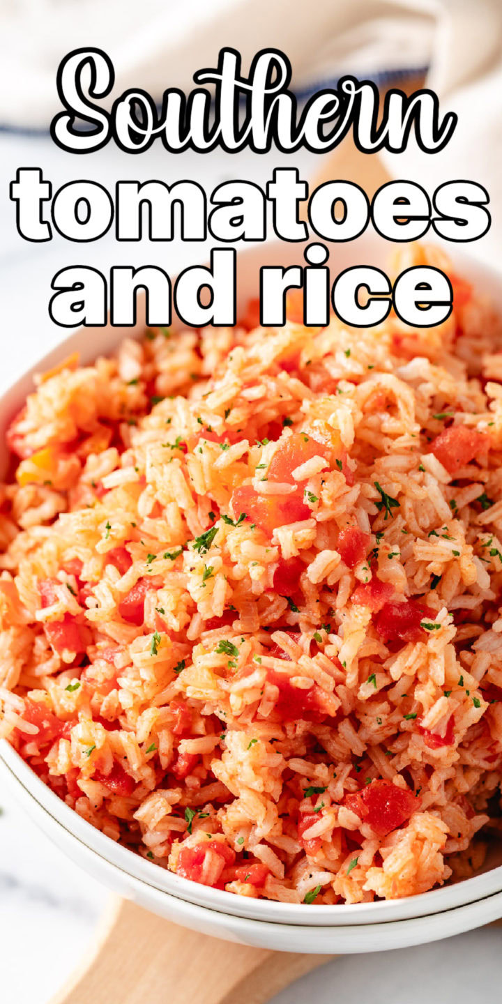 Close up view of rice and tomatoes in a bowl.