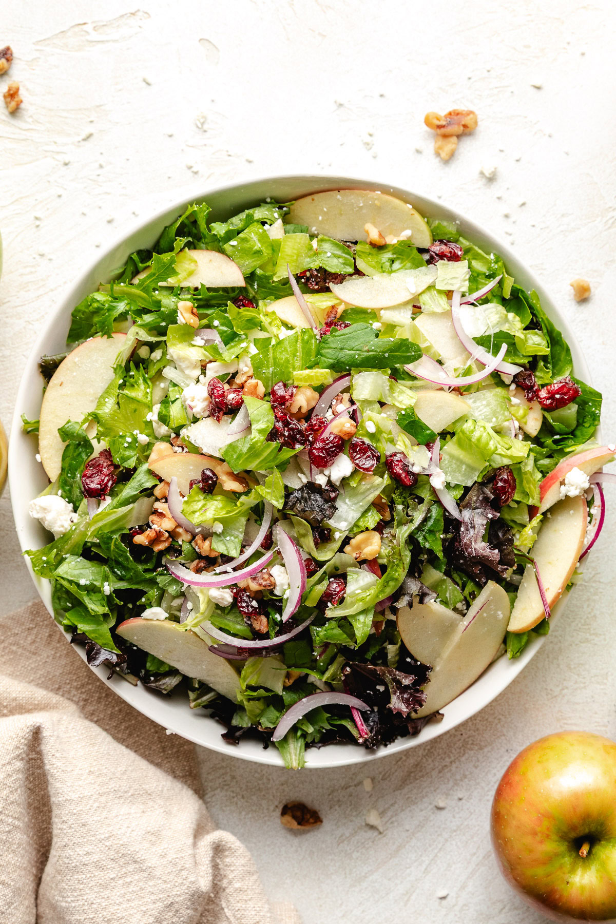 Overhead view of apple cranberry walnut salad in a dish.