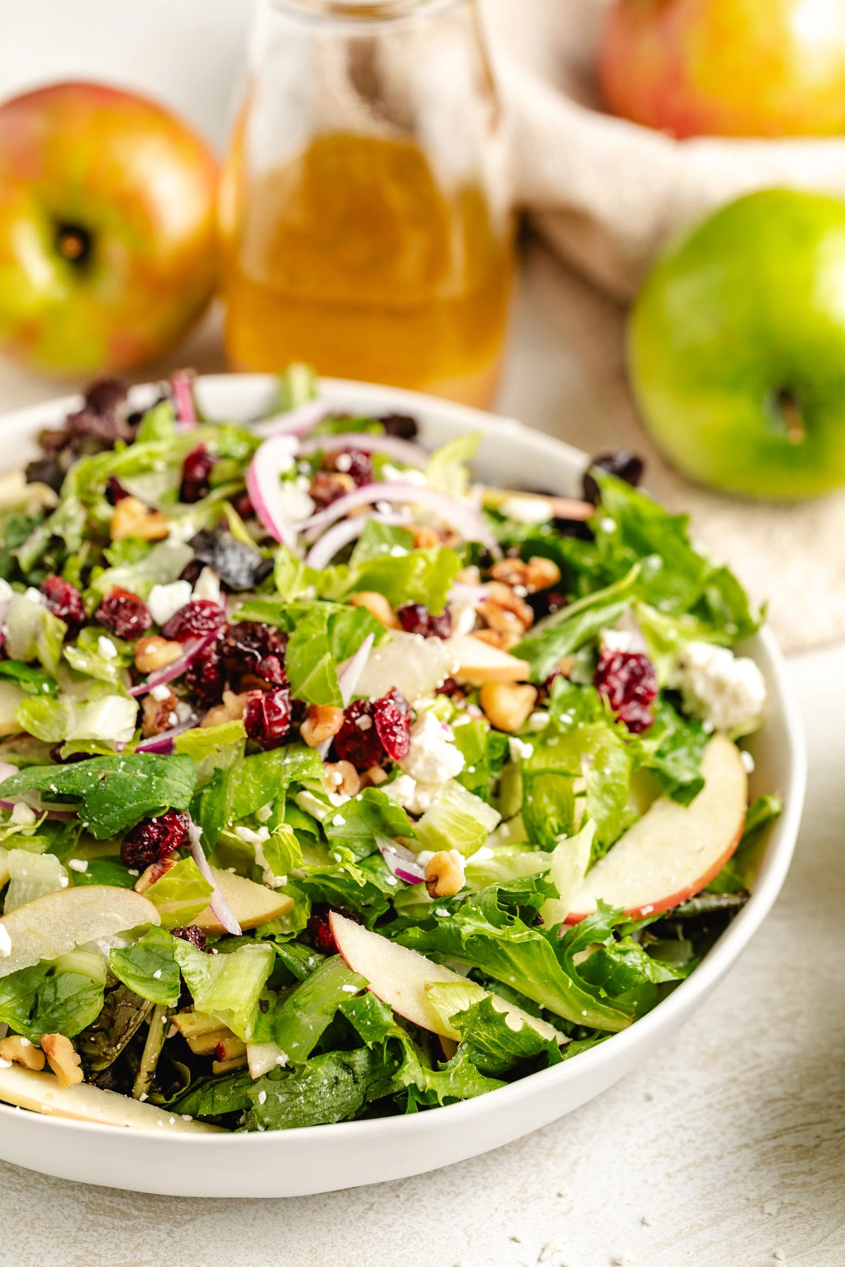 Apple cranberry walnut salad in a bowl.