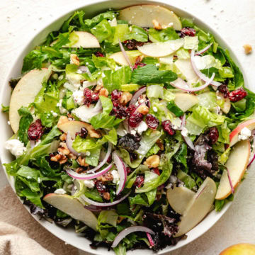 Close up view of an apple cranberry walnut salad in a serving dish.