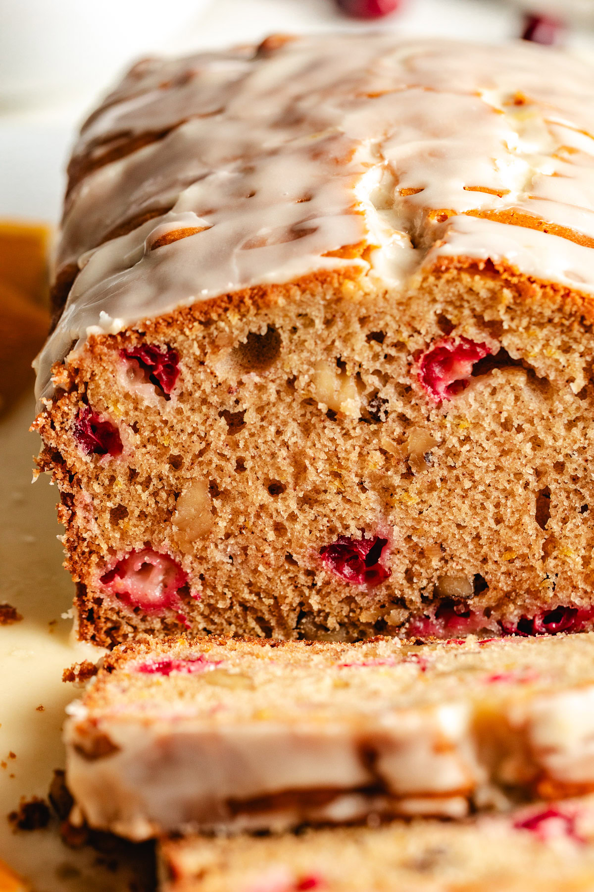 Cranberry Nut Bread Close up view of a loaf of cranberry bread.