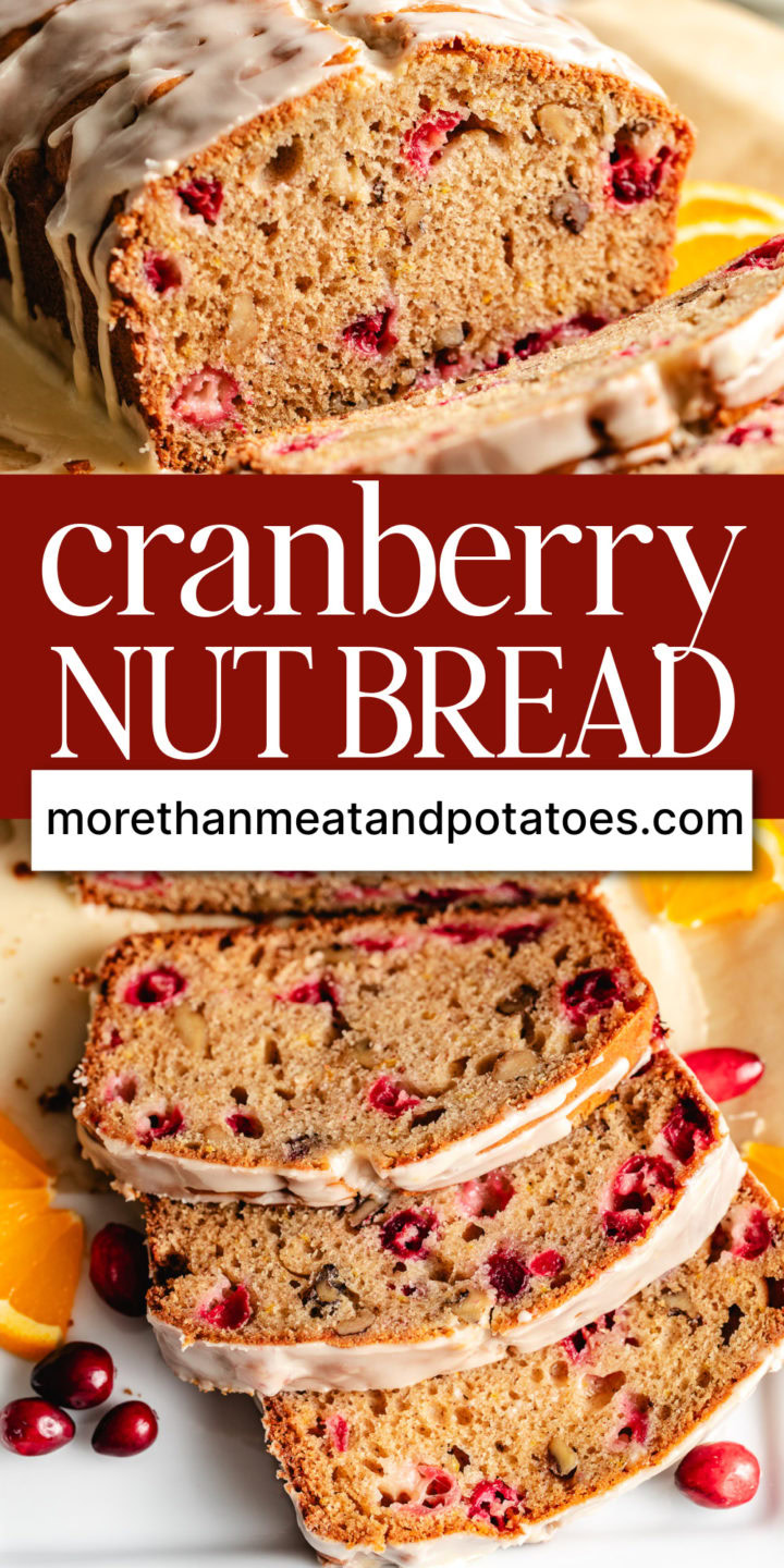 Collage shows two photos of cranberry nut bread.