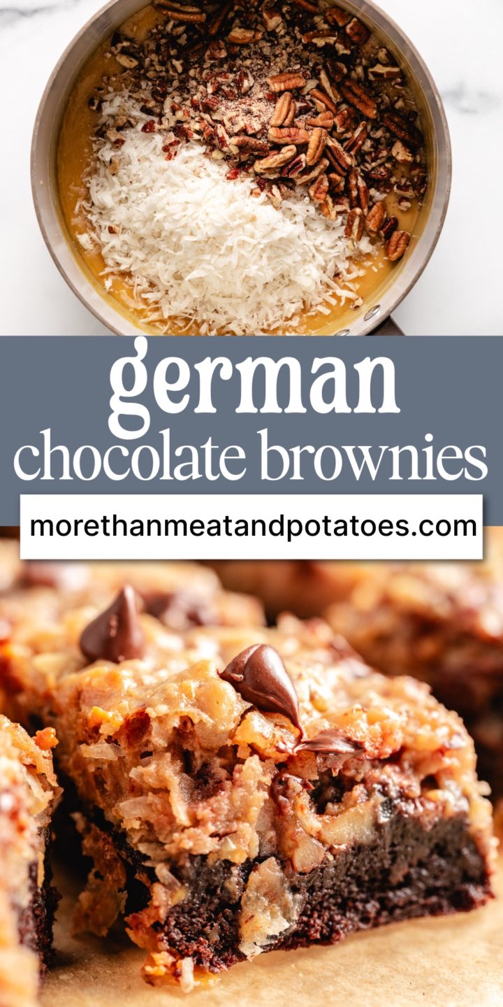 Collage showing two photos of german chocolate brownies and ingredients.