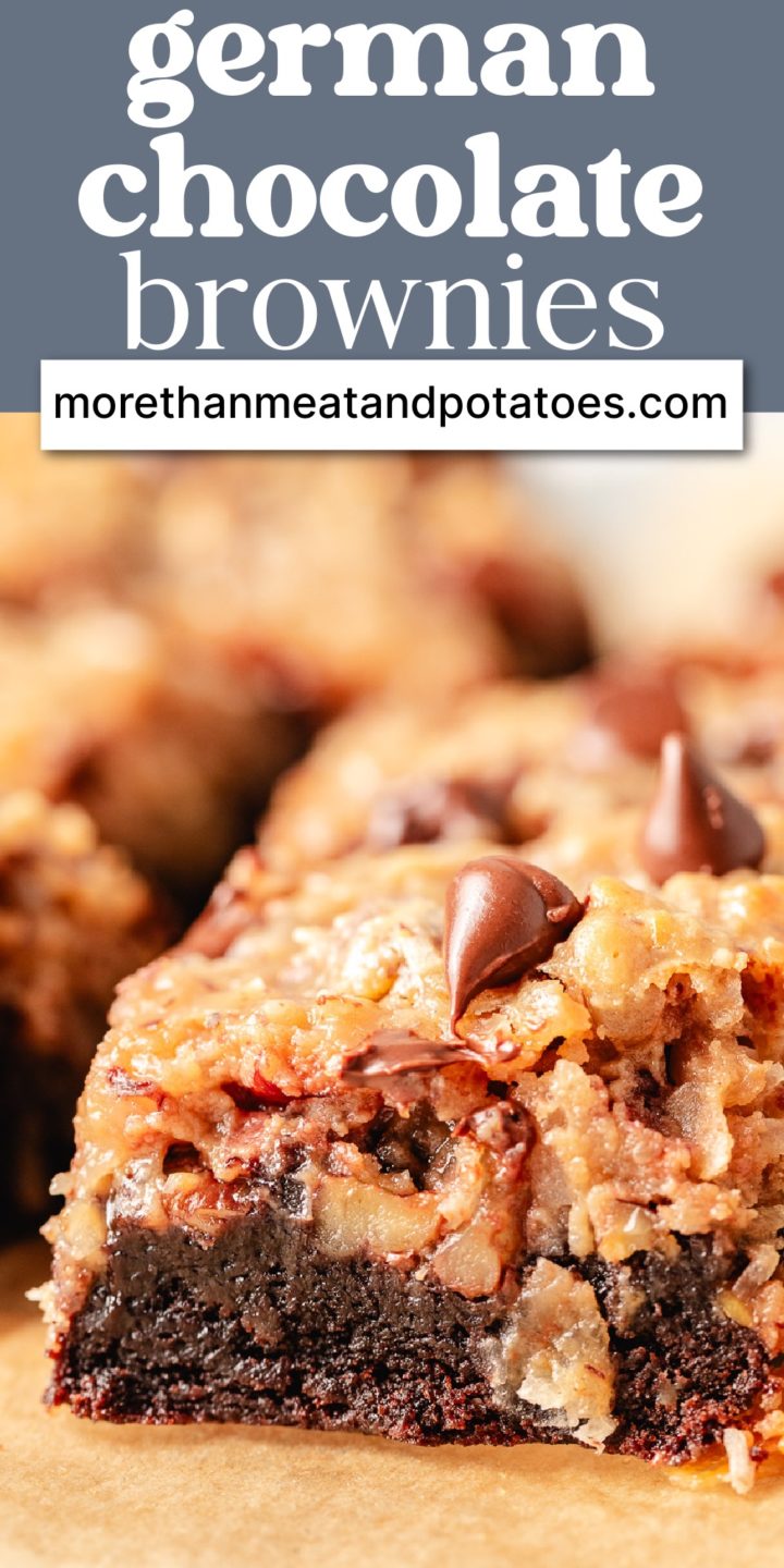 Close up view of german chocolate brownies.