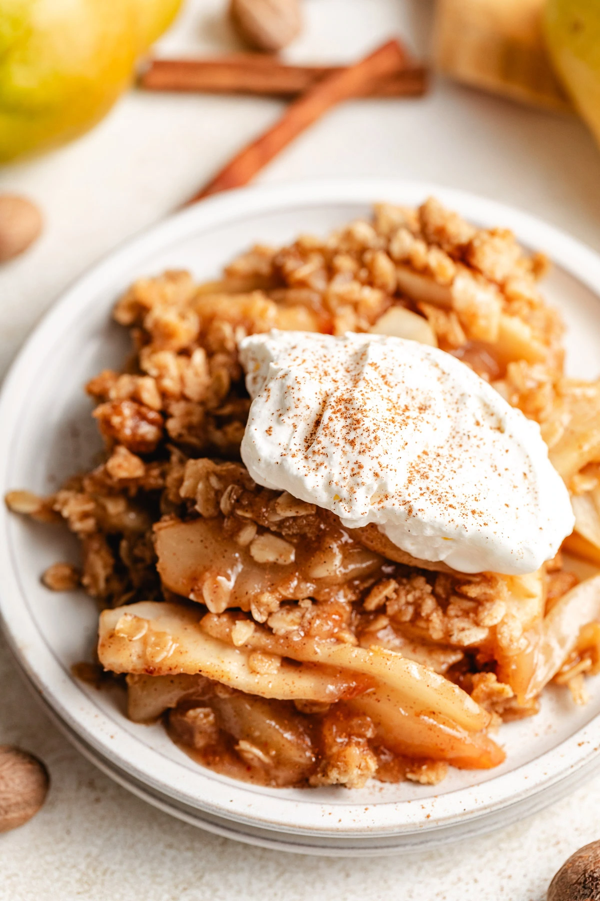 Pear crisp with oatmeal topping.