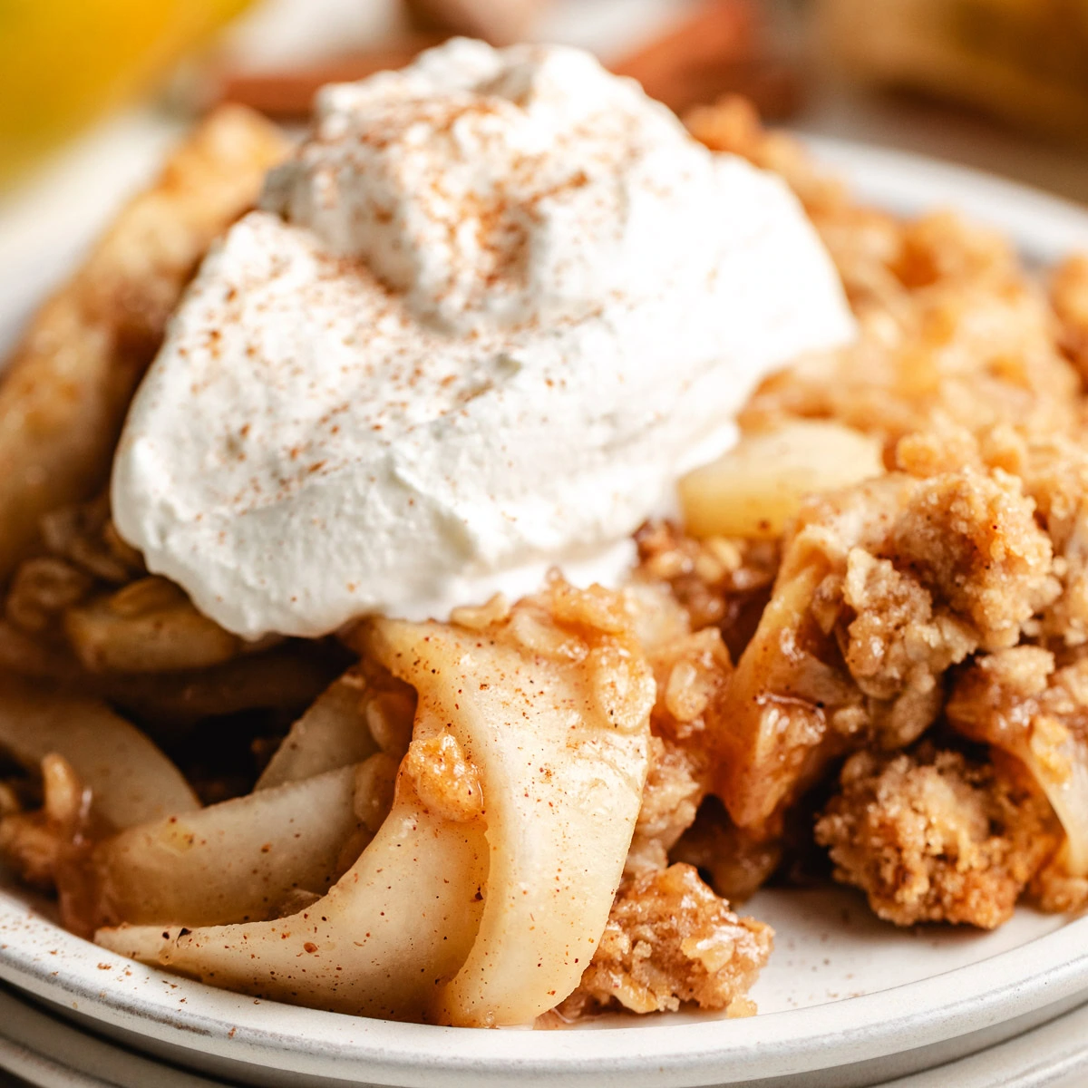 Close up view of pear crisp.