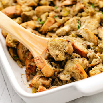 Close up view of thanksgiving stuffing in a pan.