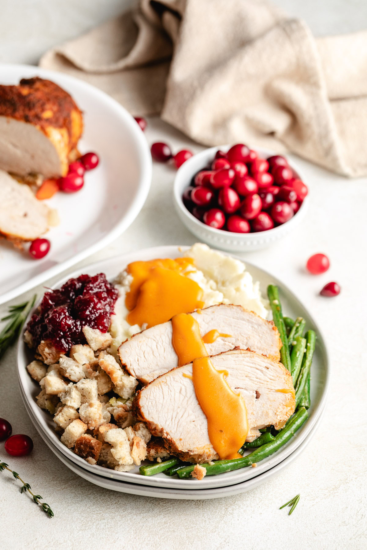 Spicy gravy drizzled over turkey.