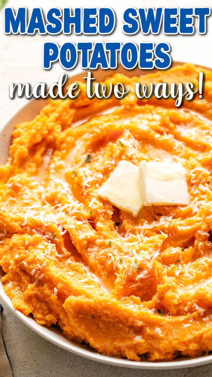 Close up view of a bowl of mashed sweet potatoes.