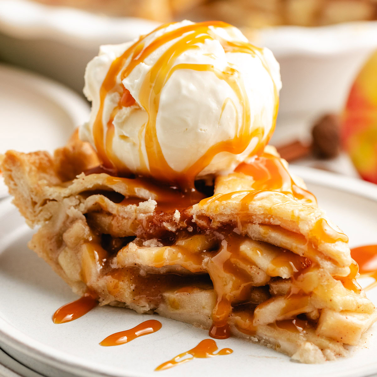 Slice of southern apple pie with ice cream.