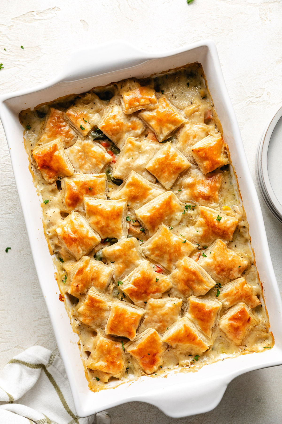 Overhead view of pot pie with puff pastry.