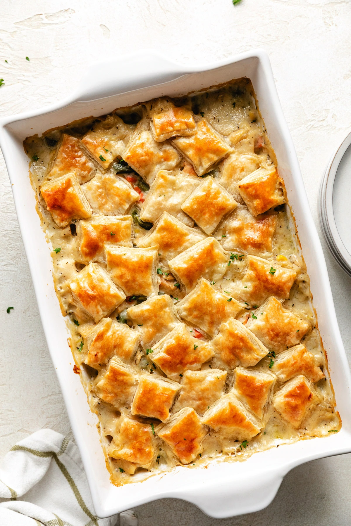 Overhead view of pot pie with puff pastry.