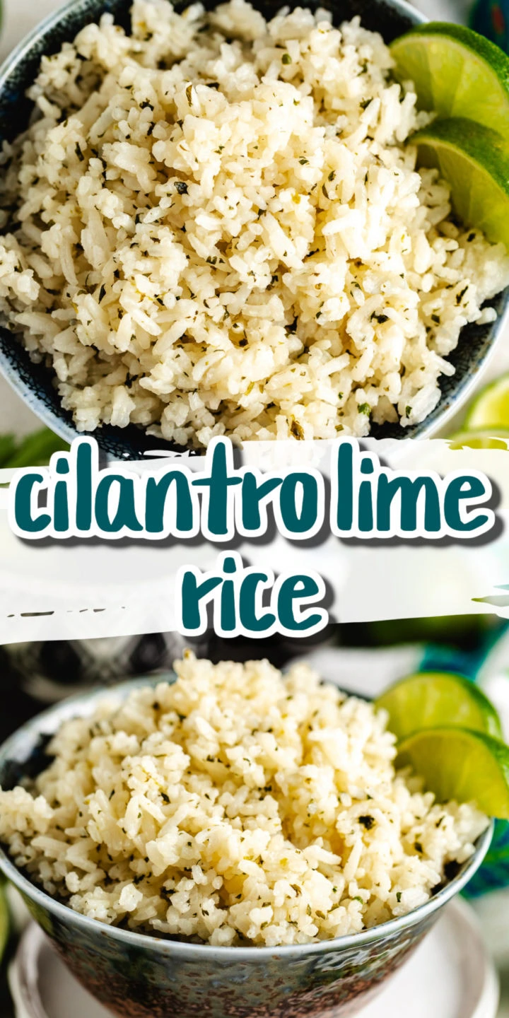 Pinterest pin graphic with the text “cilantro lime rice” over two photos of herb-speckled rice with lime wedges.