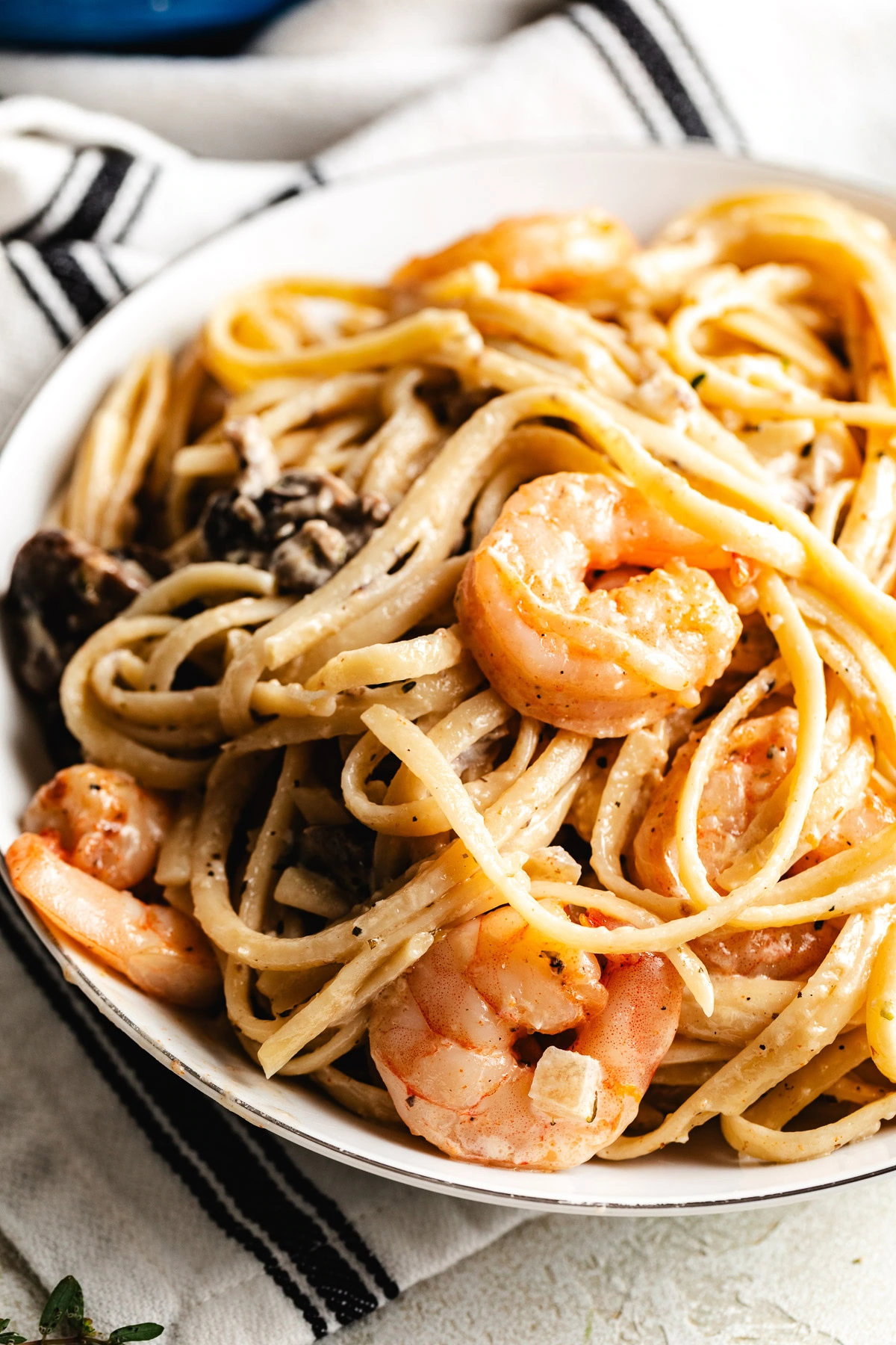 Mushroom shrimp pasta served in a white bowl with a creamy garlic butter finish.