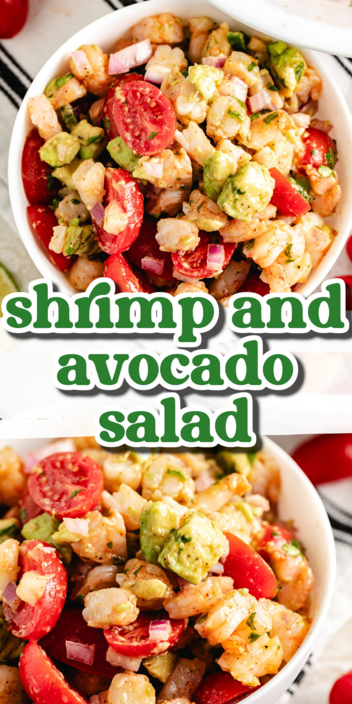 Shrimp and avocado salad in a white bowl with cherry tomatoes and red onion, shown on a vertical recipe pin with text overlay.