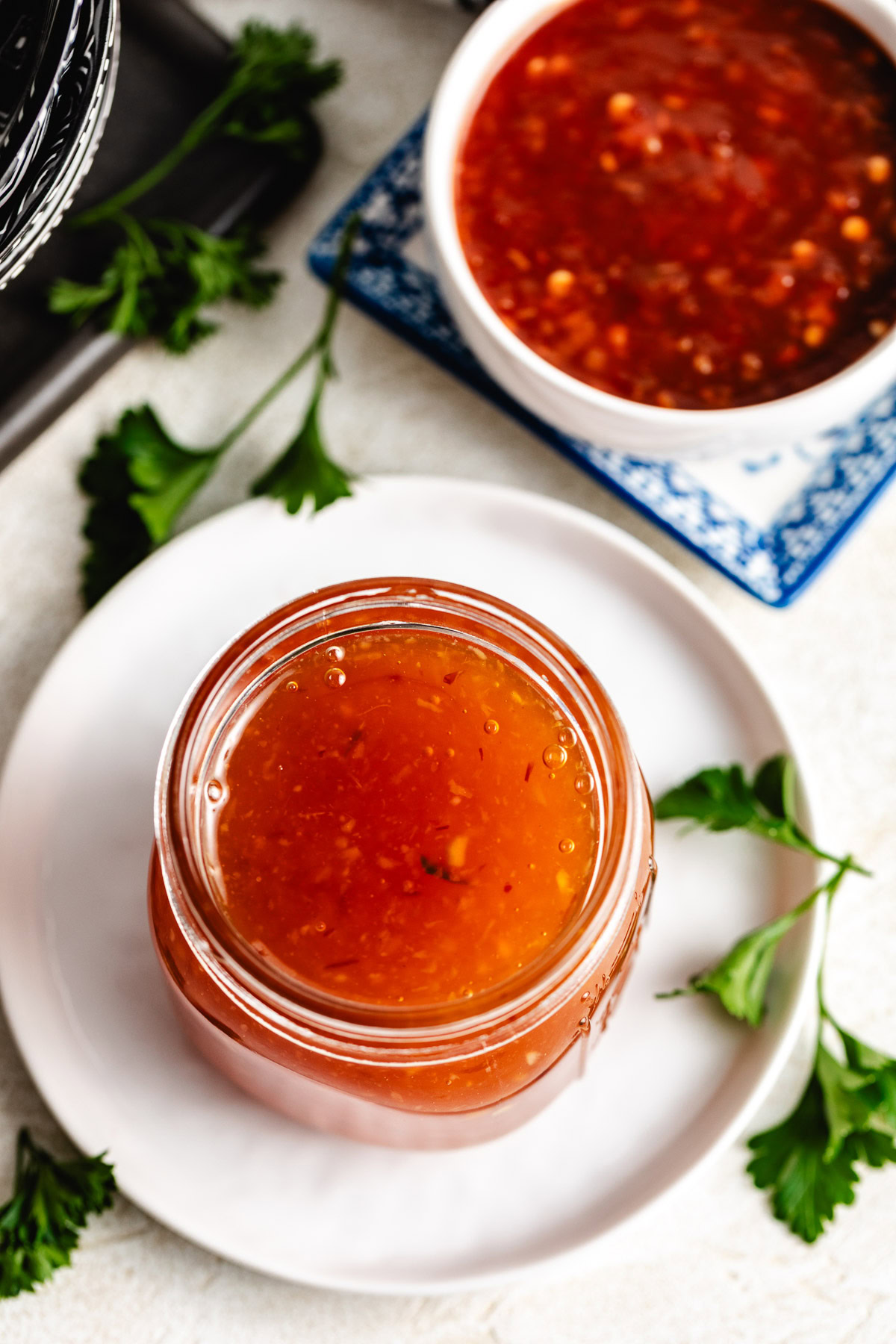 Jar of sweet chili sauce.