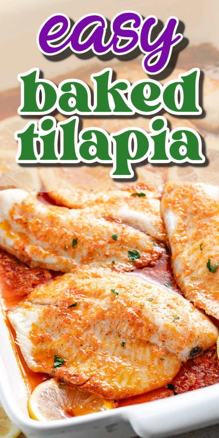 Pinterest pin with recipe title over baked fish fillets in a white dish with lemon slices.